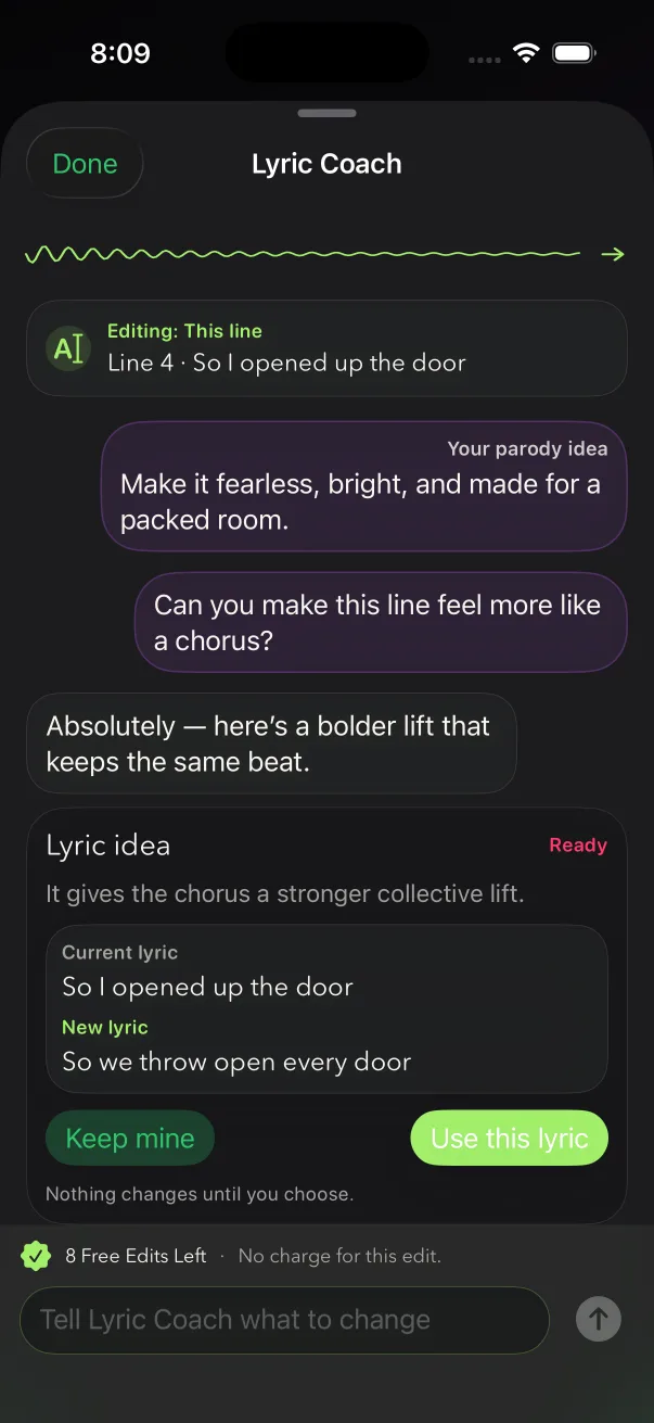 Paradaoke Lyric Coach refining an individual lyric line