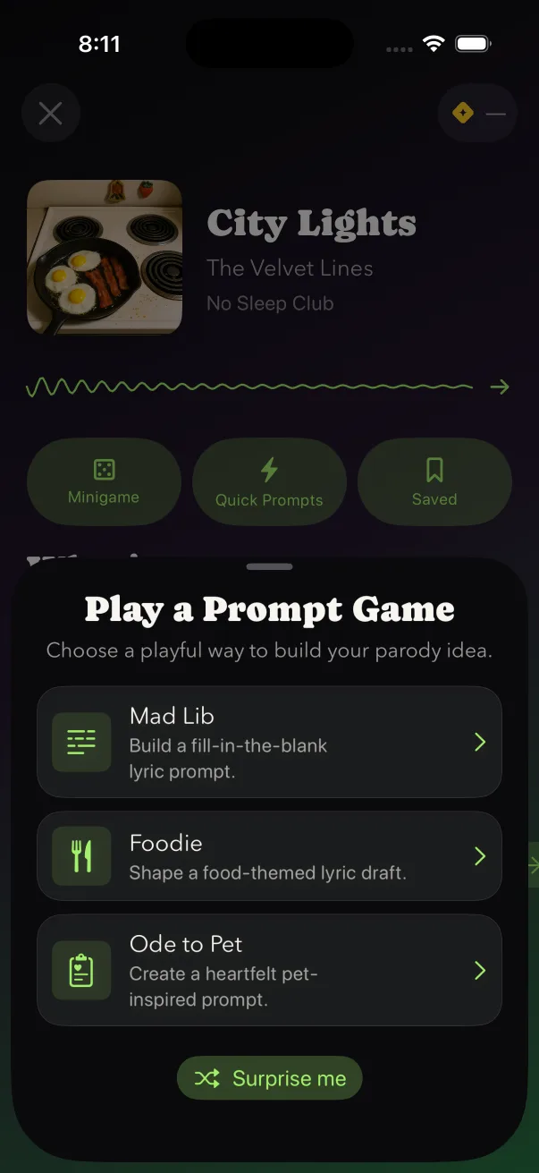 Paradaoke prompt game showing song ideas