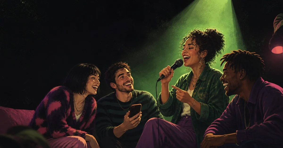 Friends laughing and singing together at a home karaoke party
