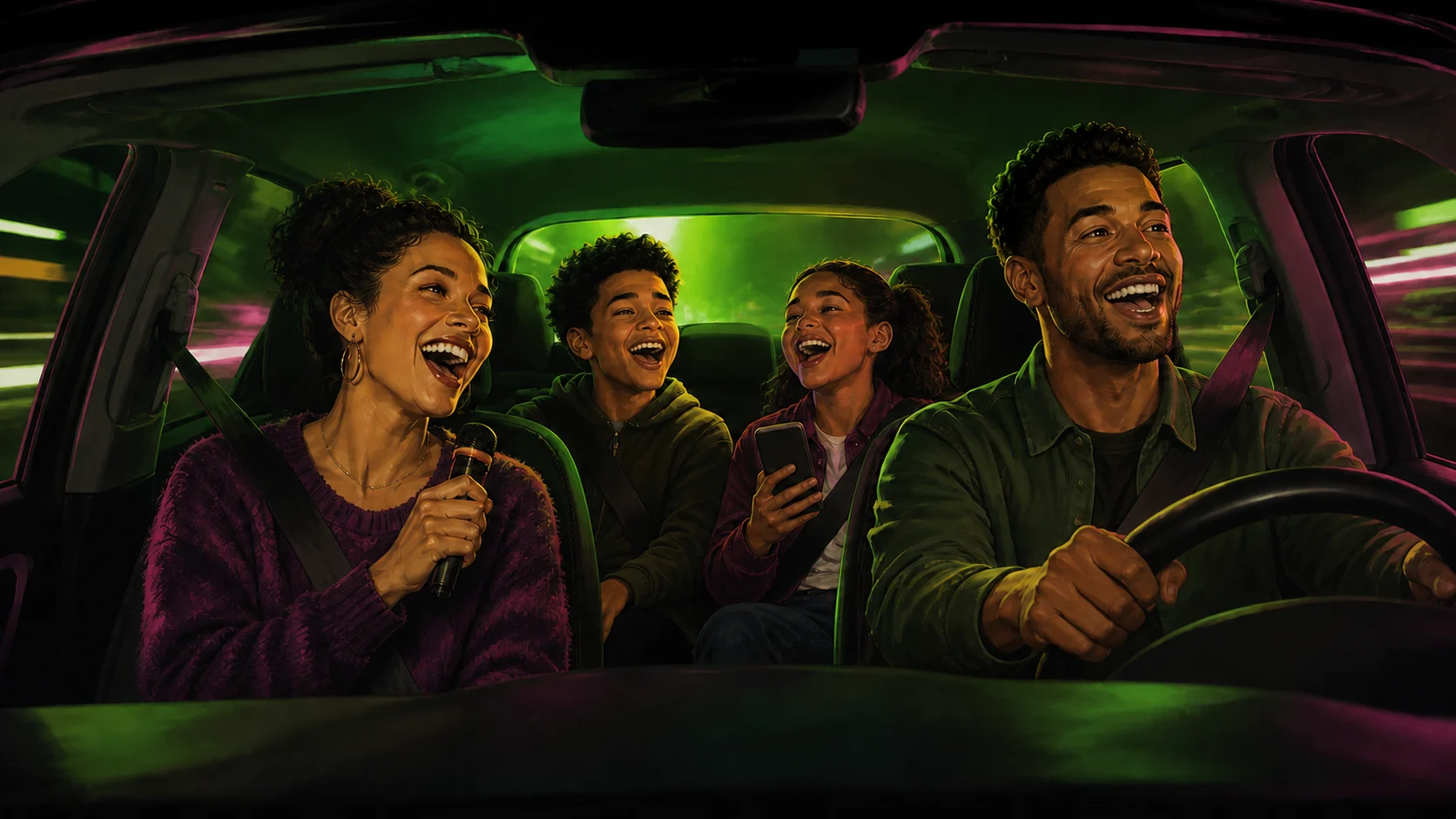 A family singing together in a car on a nighttime road trip